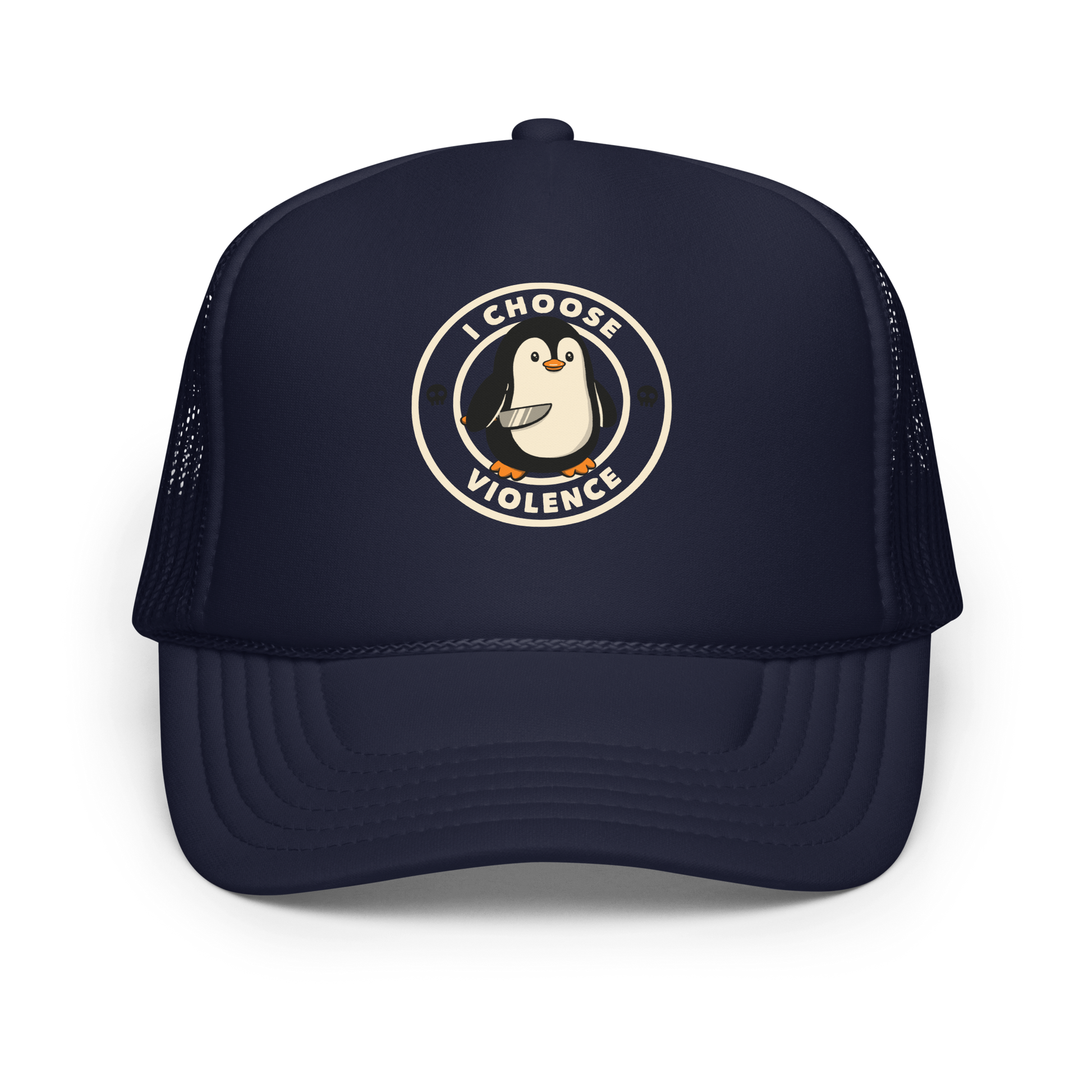 A cute cartoon penguin holding a knife stands in the center of a circular emblem. Surrounding the penguin are the words 'I CHOOSE VIOLENCE' with two small skull icons on both sides. The design is playful yet ironic, blending adorableness with a hint of dark humor.