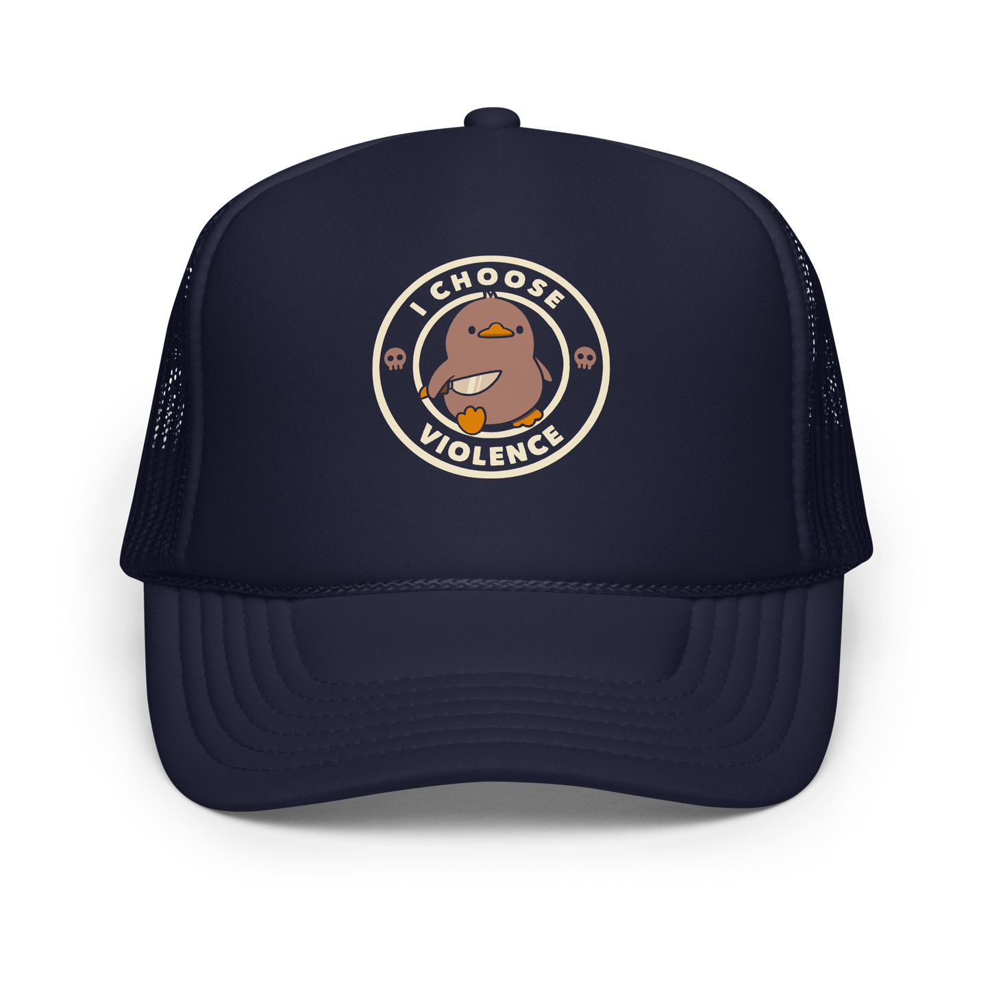 A cute, cartoon-style mocha mousse color duckling stands confidently holding a large knife in its wing. The duckling is encircled by text saying 'I CHOOSE VIOLENCE' in bold white letters. Small skull symbols flank the chick on either side, adding a touch of humor and irony to the otherwise adorable drawing.