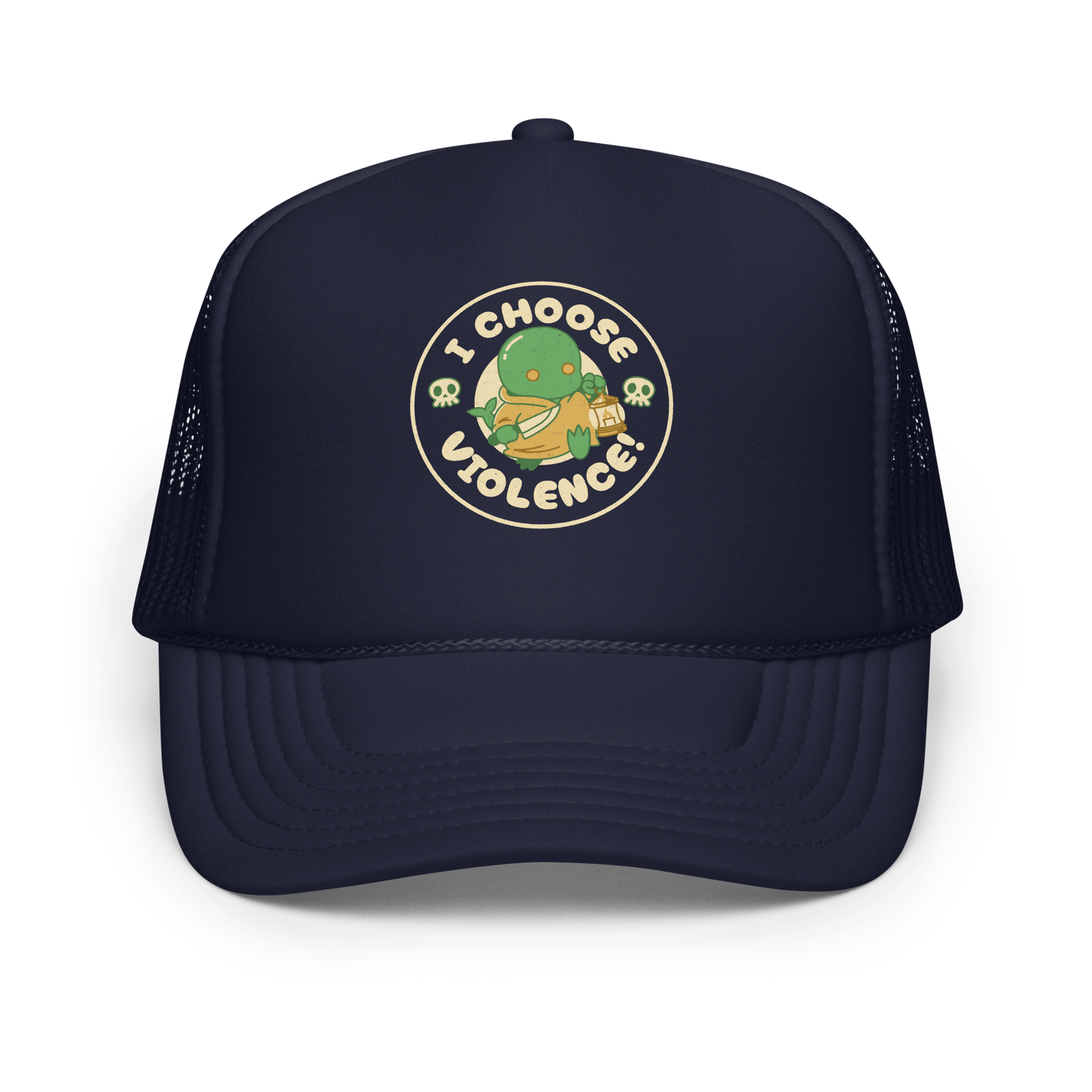 Cute green fantasy creature holding a lantern and a small weapon, surrounded by skull icons and the bold phrase “I Choose Violence!” in a circular badge-style design.