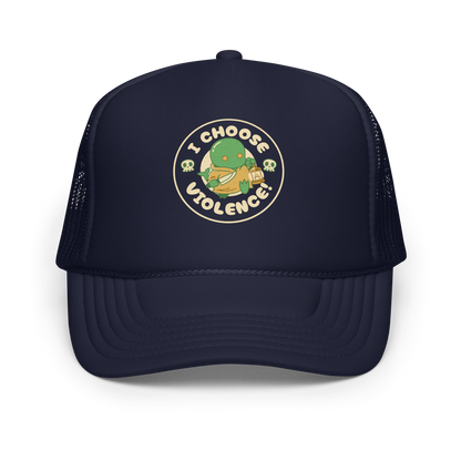 Cute green fantasy creature holding a lantern and a small weapon, surrounded by skull icons and the bold phrase “I Choose Violence!” in a circular badge-style design.