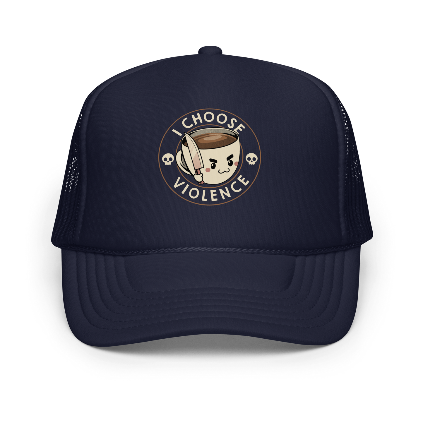 This image features a cute, cartoonish white coffee cup filled with coffee, with a determined facial expression, holding a sharp knife. The cup is framed by the circular text 'I CHOOSE VIOLENCE' in bold letters. On either side of the cup, there are small, white skull icons, adding a humorous yet dark twist to the design.