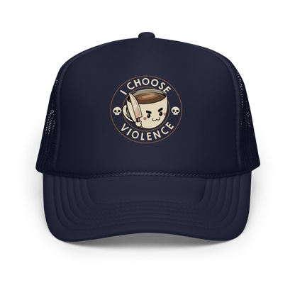 This image features a cute, cartoonish white coffee cup filled with coffee, with a determined facial expression, holding a sharp knife. The cup is framed by the circular text 'I CHOOSE VIOLENCE' in bold letters. On either side of the cup, there are small, white skull icons, adding a humorous yet dark twist to the design.