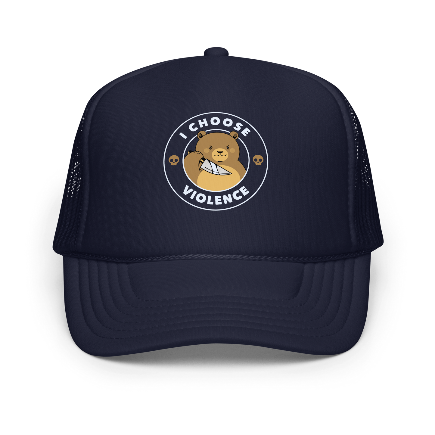 A cartoon-style image features a cute, determined-looking teddy bear holding a knife, with an expression of mischief. The bear is surrounded by the bold text 'I CHOOSE VIOLENCE' and accompanied by small skull icons on either side, adding a humorous and ironic twist to the design.