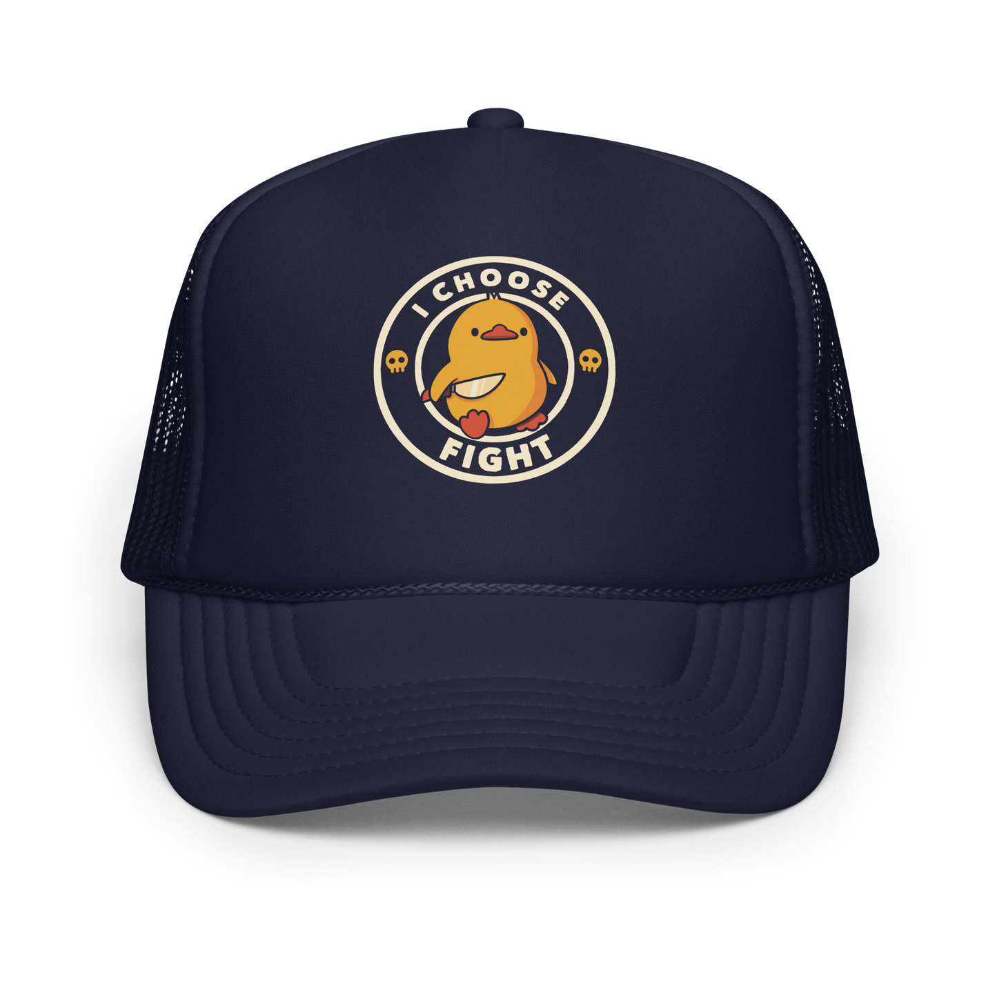 The image displays a cute, cartoon-style yellow duck character holding a knife with a determined expression. The duck is centered inside a circular design with the text 'I CHOOSE FIGHT' around it. Two small skulls flanking the duck add a humorous, combative touch to the design.