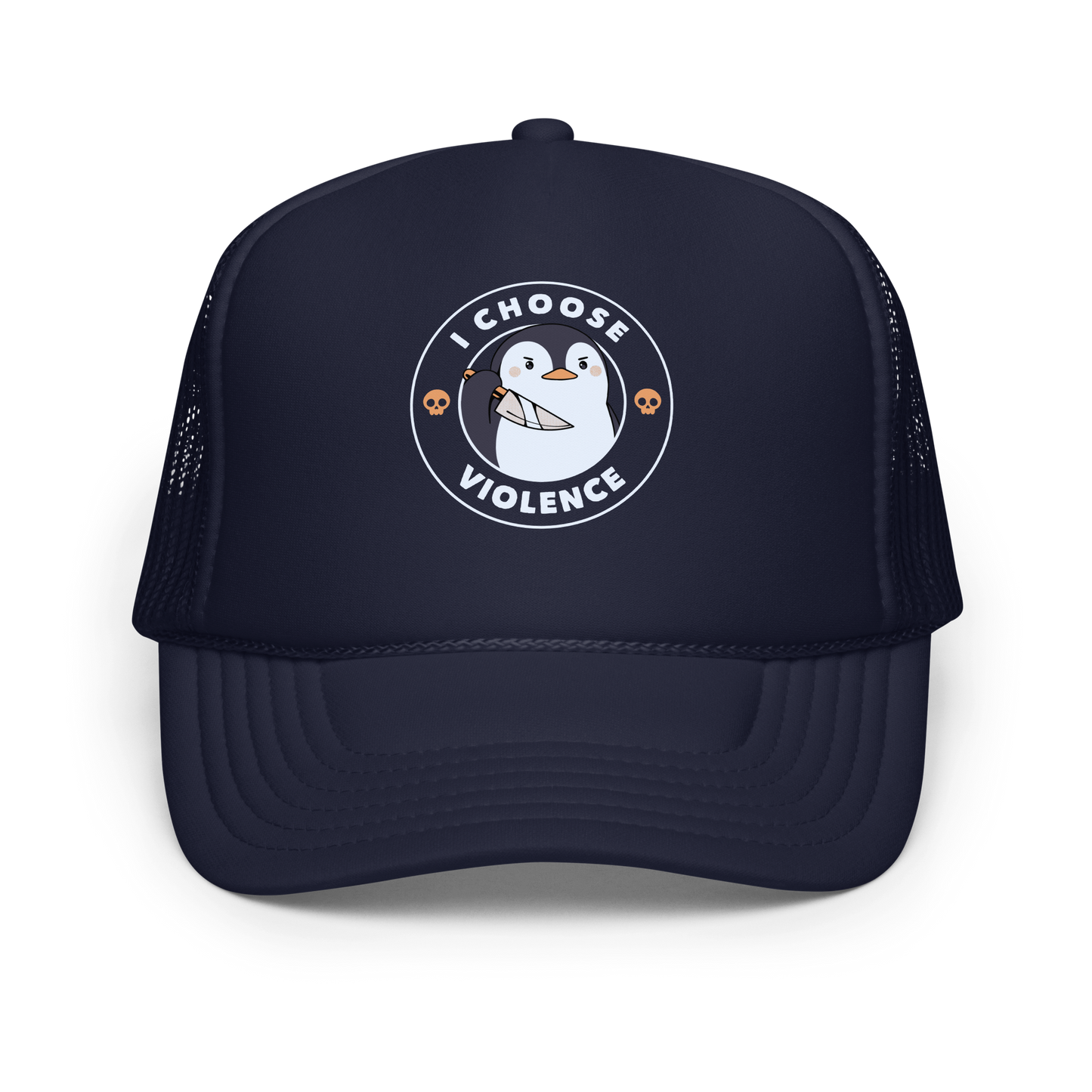 A cartoon-style penguin with a slightly menacing expression holds a large knife. It is surrounded by the words 'I CHOOSE VIOLENCE' in bold uppercase letters. There are two small orange skulls flanking the penguin. The overall design is circular and features contrasting colors for a dramatic effect.