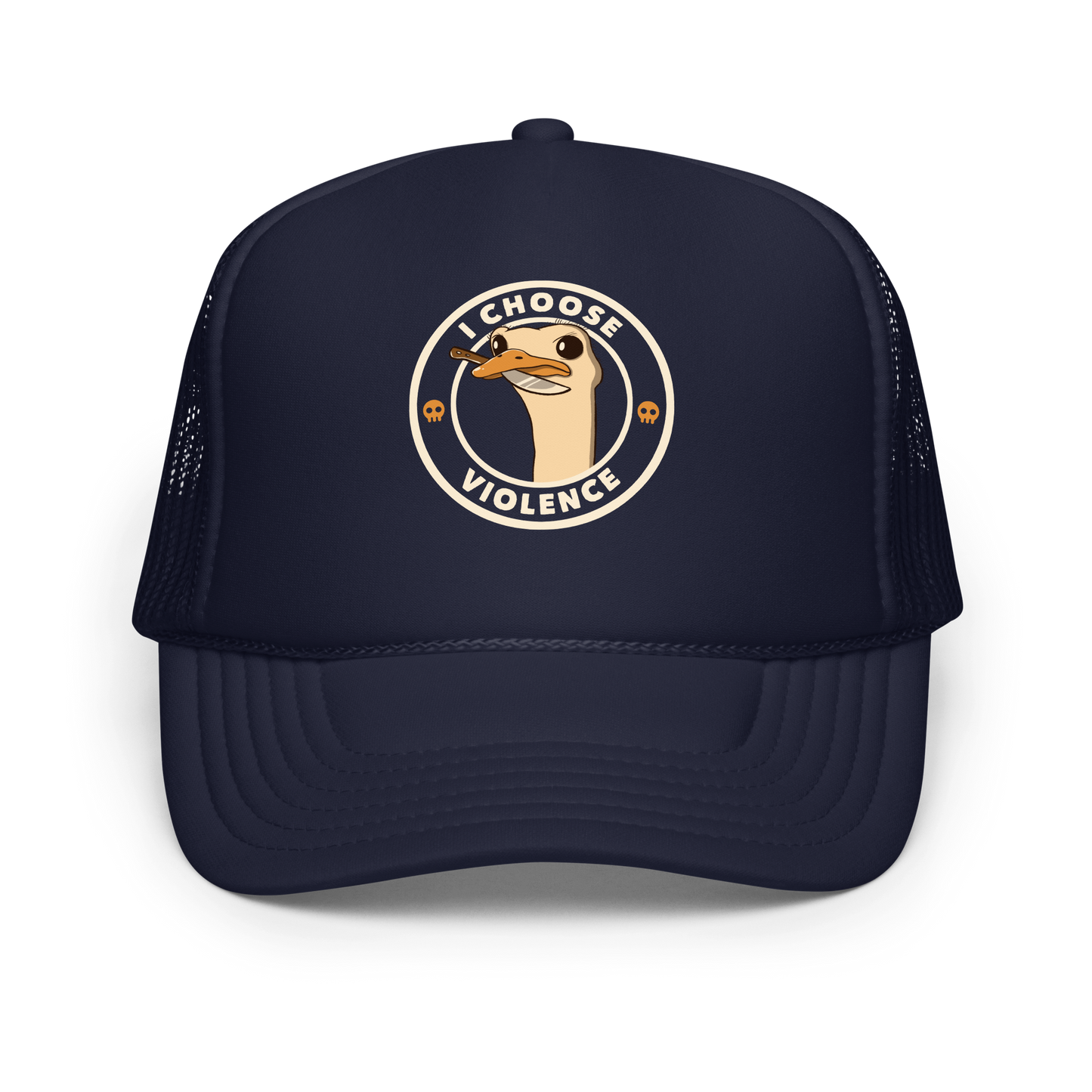 A cartoonish emu with large, expressive eyes holds a knife in its beak, suggesting a humorous and ironic menacing look. The image is framed by two circles, with the text 'I CHOOSE VIOLENCE' around the inner circle. Two small skull icons are placed on either side below the text.
