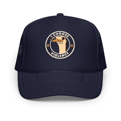 A cartoonish emu with large, expressive eyes holds a knife in its beak, suggesting a humorous and ironic menacing look. The image is framed by two circles, with the text 'I CHOOSE VIOLENCE' around the inner circle. Two small skull icons are placed on either side below the text.
