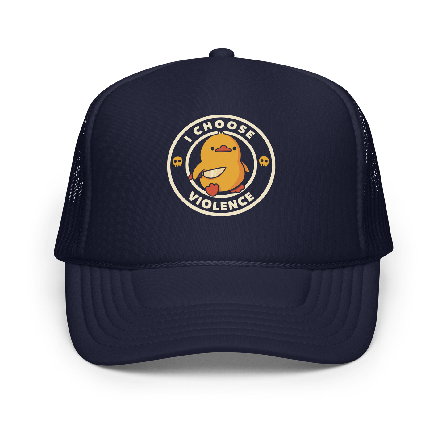 A cute, cartoon-style yellow duckling stands confidently holding a large knife in its wing. The duckling is encircled by text saying 'I CHOOSE VIOLENCE' in bold white letters. Small skull symbols flank the chick on either side, adding a touch of humor and irony to the otherwise adorable drawing.