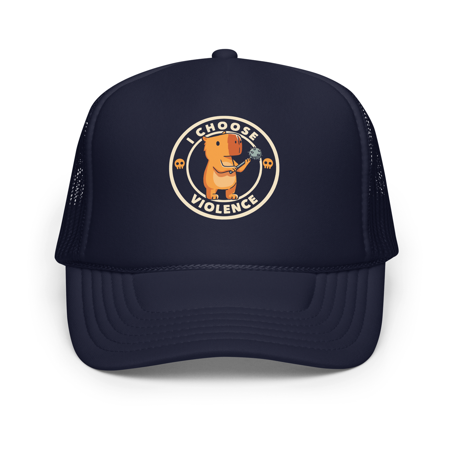 A cute, cartoonish burnt yellow capybara stands holding a spiked mace with a determined expression. Surrounding it is a circular design with the text 'I CHOOSE VIOLENCE' and two small skulls on either side, giving it a humorous yet ironic tone.