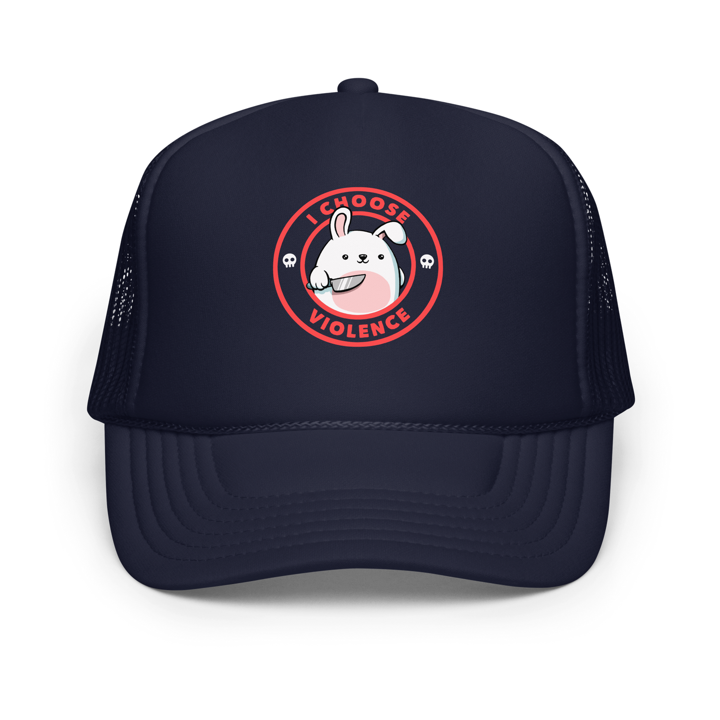 A cute white cartoon bunny with a pink belly stands holding a large kitchen knife in one paw. Surrounding the bunny is a red circular border with the words 'I CHOOSE VIOLENCE'. Small skull icons are on either side of the circle. The overall tone is a mix of adorable and ironic humor.