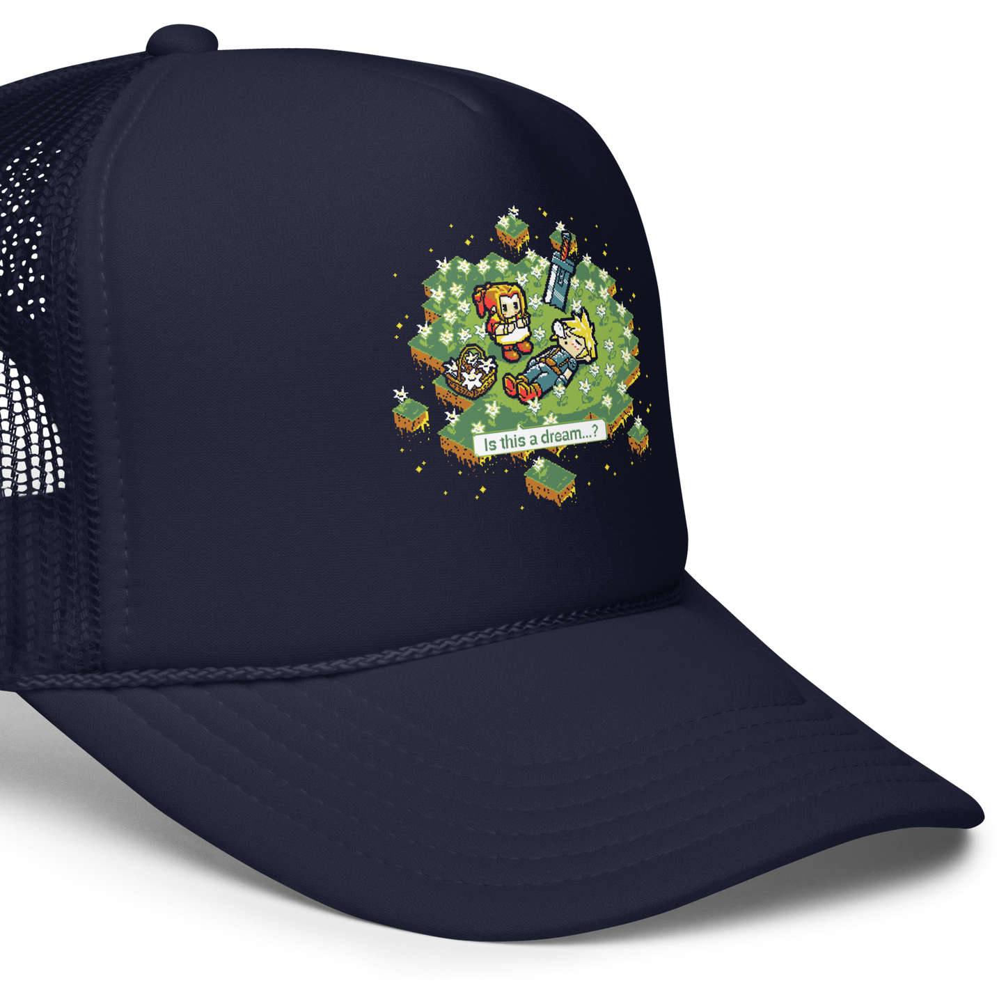 A peaceful pixel scene featuring a dreamy moment between two characters in a floating flower field.