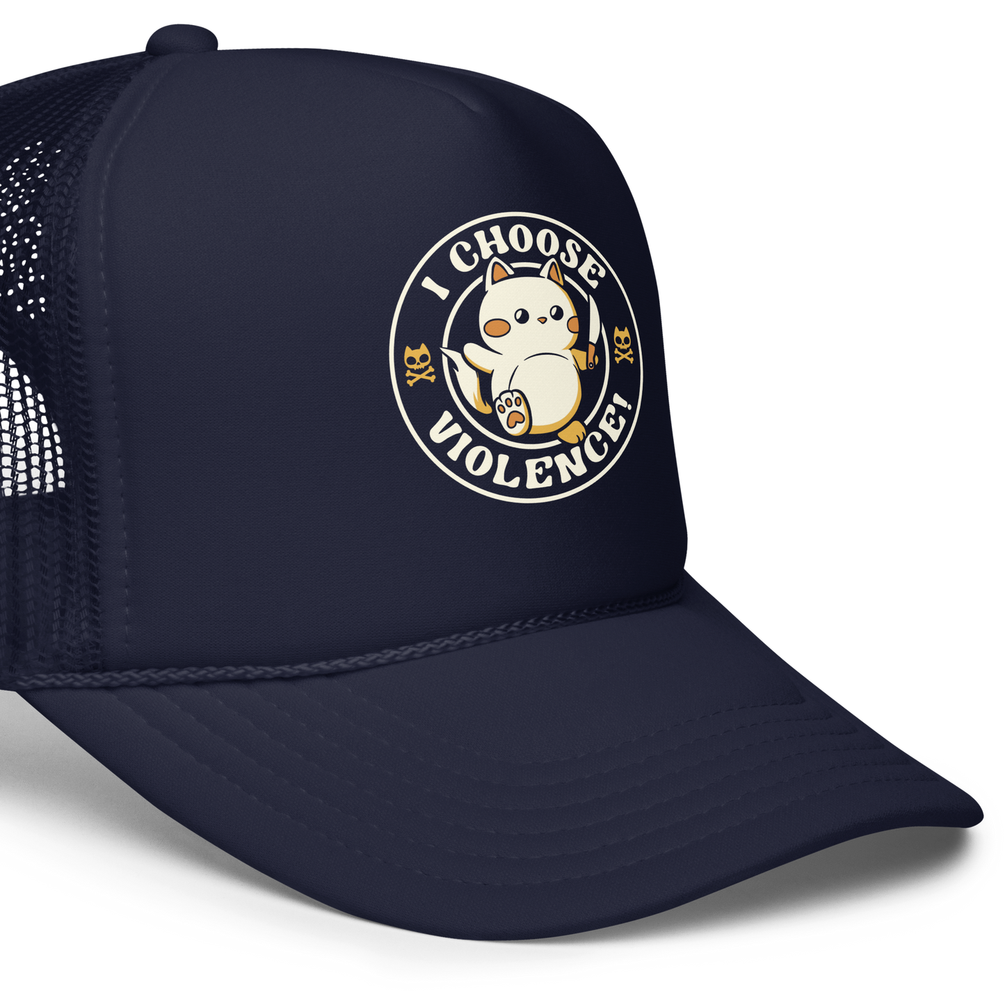 The image features a cute, cartoon-style cat holding a knife in one hand, while standing with an assertive expression. The phrase 'I CHOOSE VIOLENCE!' surrounds the cat in a circular layout. Two small cat skull and crossbones illustrations flank either side of the cat. The design combines elements of cuteness and aggression, creating a humorous and ironic vibe.