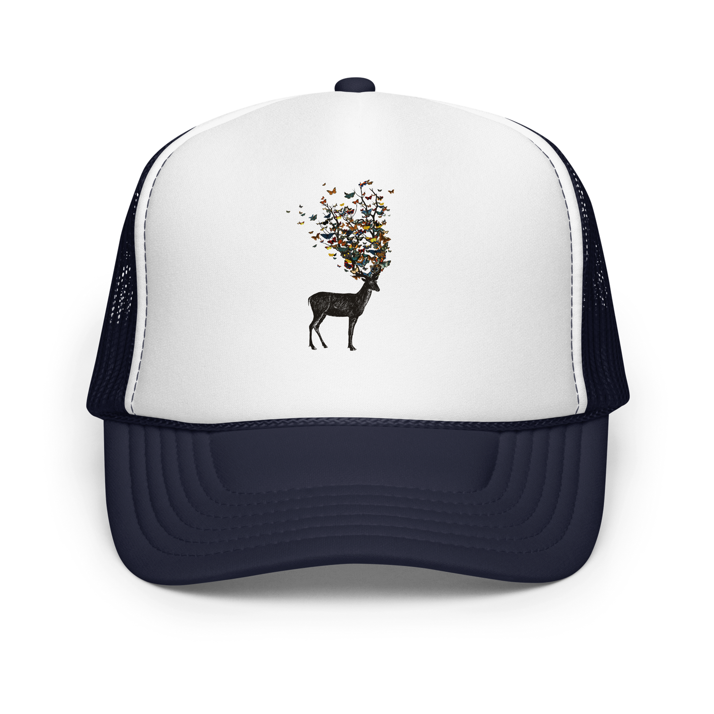 The image depicts a dark, silhouetted deer standing on a neutral background. Instead of branches, its antlers transform into a swirling cloud of vibrant, colorful butterflies that extend upwards and outward. The mix of organic and ethereal elements creates a captivating and whimsical visual contrast.