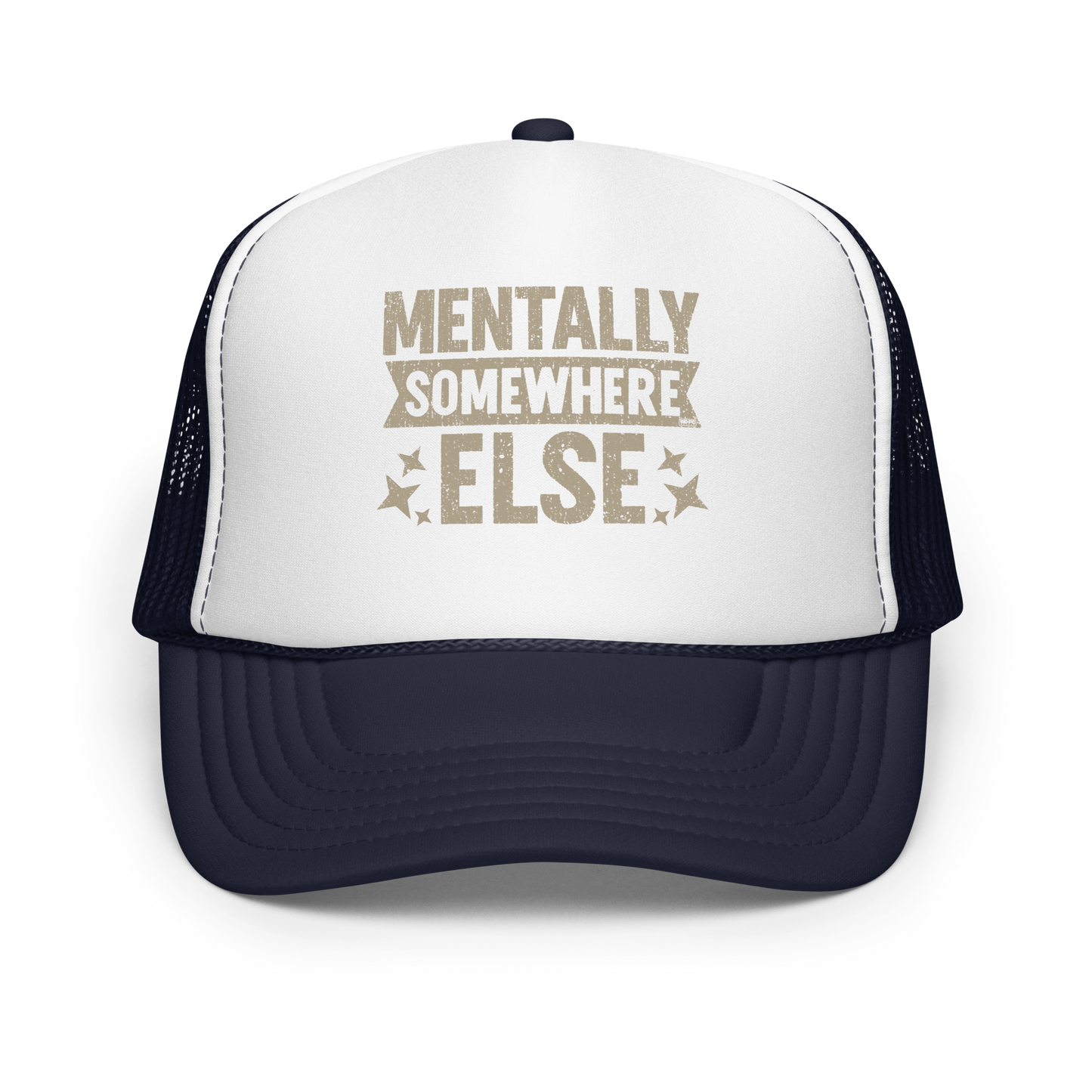 Distressed vintage-style text graphic displaying the phrase “Mentally Somewhere Else,” decorated with scattered star icons and a bold, textured font.