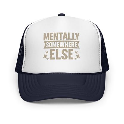 Distressed vintage-style text graphic displaying the phrase “Mentally Somewhere Else,” decorated with scattered star icons and a bold, textured font.