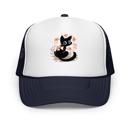 This unique design features a charming black cat amidst playful koi, rendered in beautiful Sumi-e ink style. A perfect blend of Japanese art and anime whimsy for any cat lover.