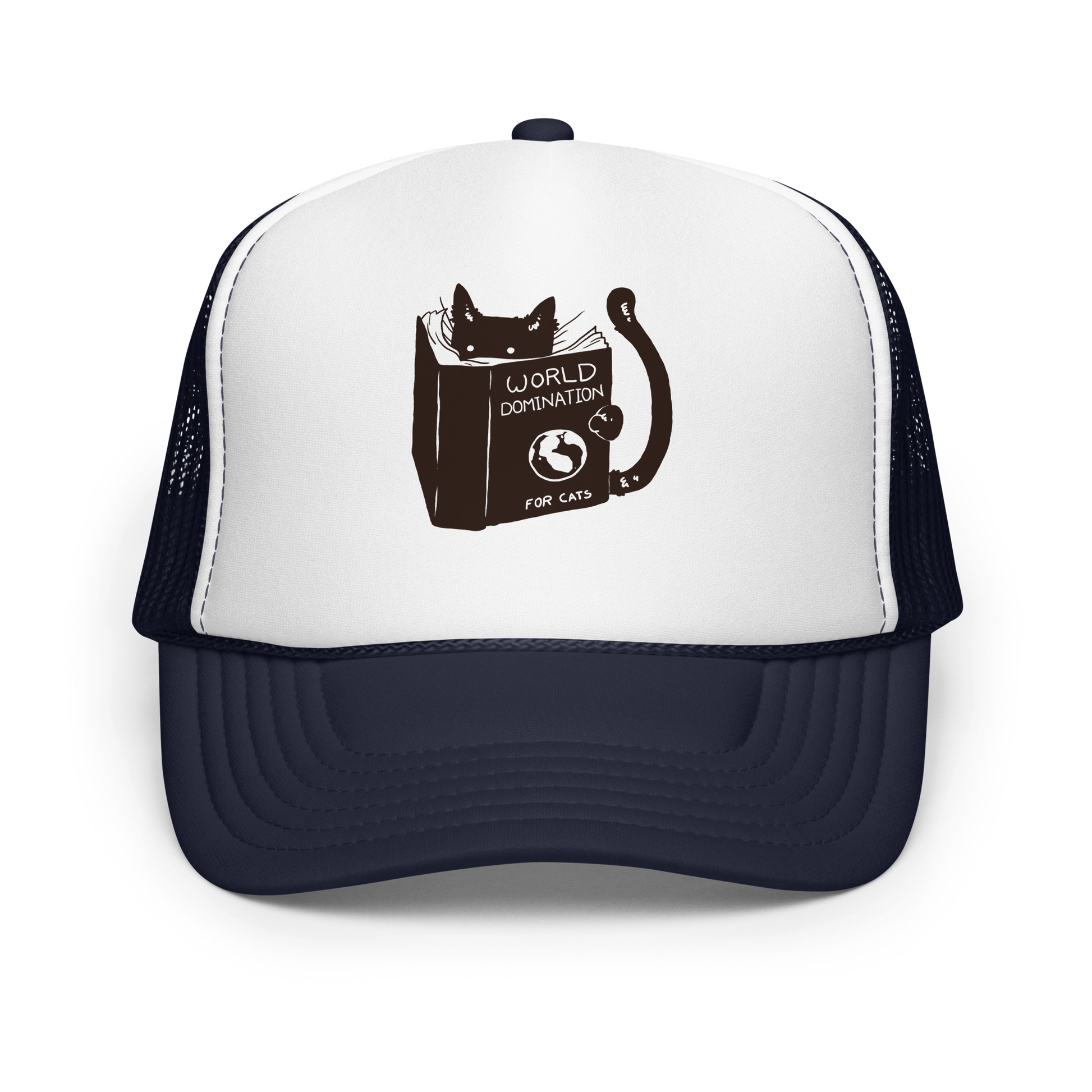 The design features a black silhouette of a cat peeking from behind an oversized book. The book's cover reads 'World Domination for Cats,' and includes a simple drawing of a globe. The cat's eyes are wide open, suggesting either surprise or intense focus on its 'world domination' plans.