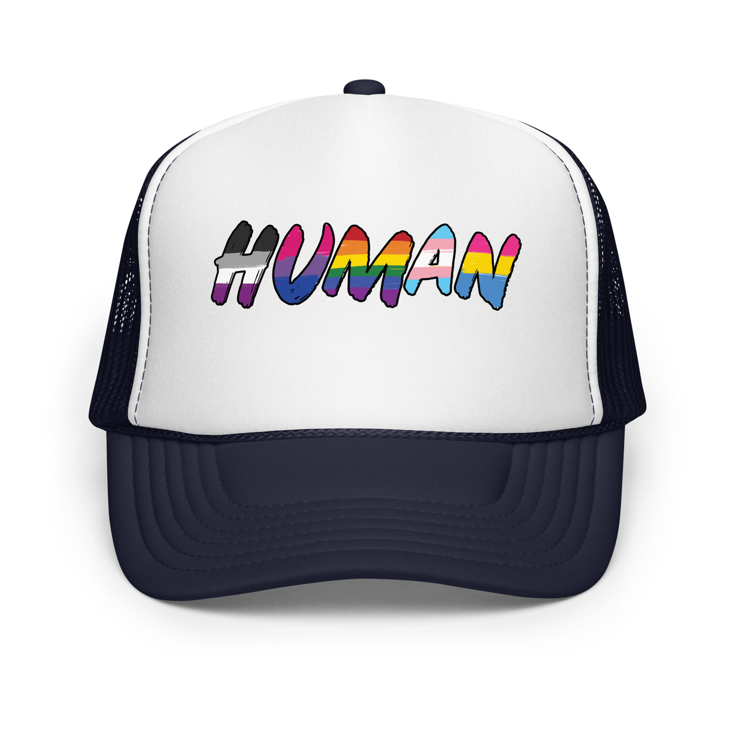 The image displays the word 'HUMAN' in bold, capitalized letters filled with colorful pride flag patterns. The colors within the letters represent different LGBTQ+ pride flags, symbolizing inclusivity and diversity. The background is solid black, which makes the colorful patterns stand out more vibrantly.