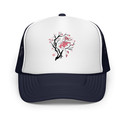 A magical girl floats gracefully among blooming sakura branches, captured in a minimalist sumi-e style. A delicate blend of Japanese tradition, anime nostalgia, and soft fantasy charm.