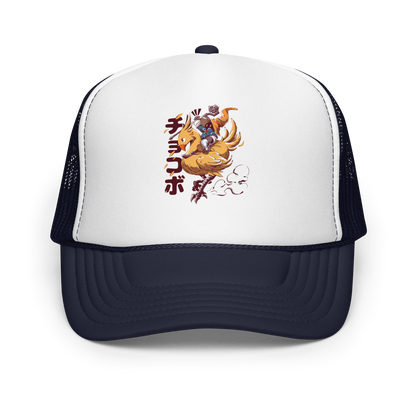 A speedy yellow bird dashes forward with a tiny mage rider gripping tight and ready for action. A fun and nostalgic design full of movement and fantasy charm.