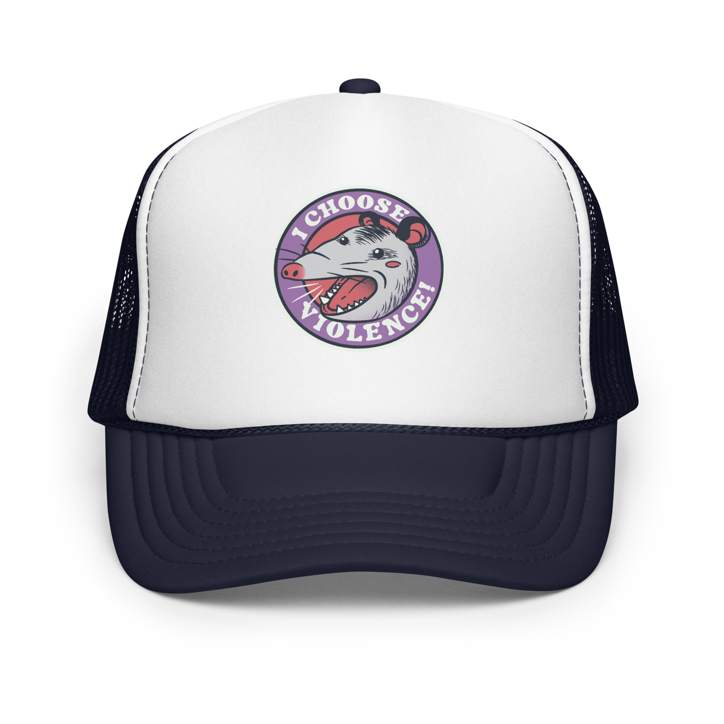 A circular design featuring an opossum with an open mouth showing sharp teeth, set against a red and purple background. Surrounding the animal, the text reads 'I Choose Violence!' in bold, white letters. The opossum has a somewhat comical yet aggressive expression. The design has an edgy, cartoon-like style, suitable for various products like t-shirts and stickers.