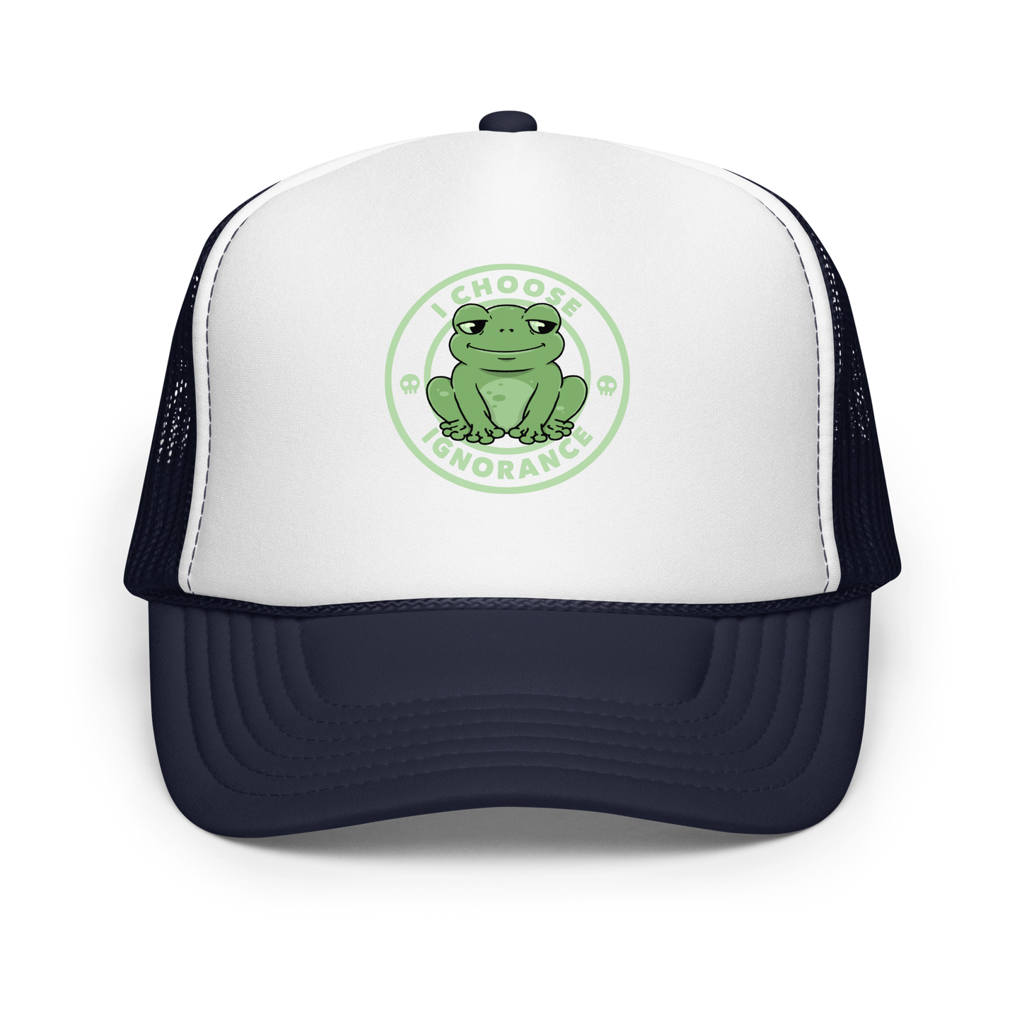 The image shows a cartoonish green frog with a sly smile, sitting with legs splayed out. Around it, the phrase 'I CHOOSE IGNORANCE' is written in bold letters. Two small skull designs are included, one on each side of the frog. The style is playful and ironic, blending elements of humor and rebellion.