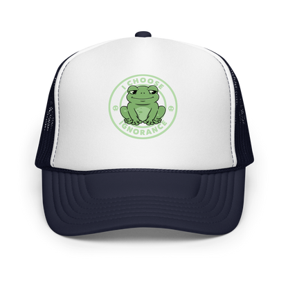 The image shows a cartoonish green frog with a sly smile, sitting with legs splayed out. Around it, the phrase 'I CHOOSE IGNORANCE' is written in bold letters. Two small skull designs are included, one on each side of the frog. The style is playful and ironic, blending elements of humor and rebellion.