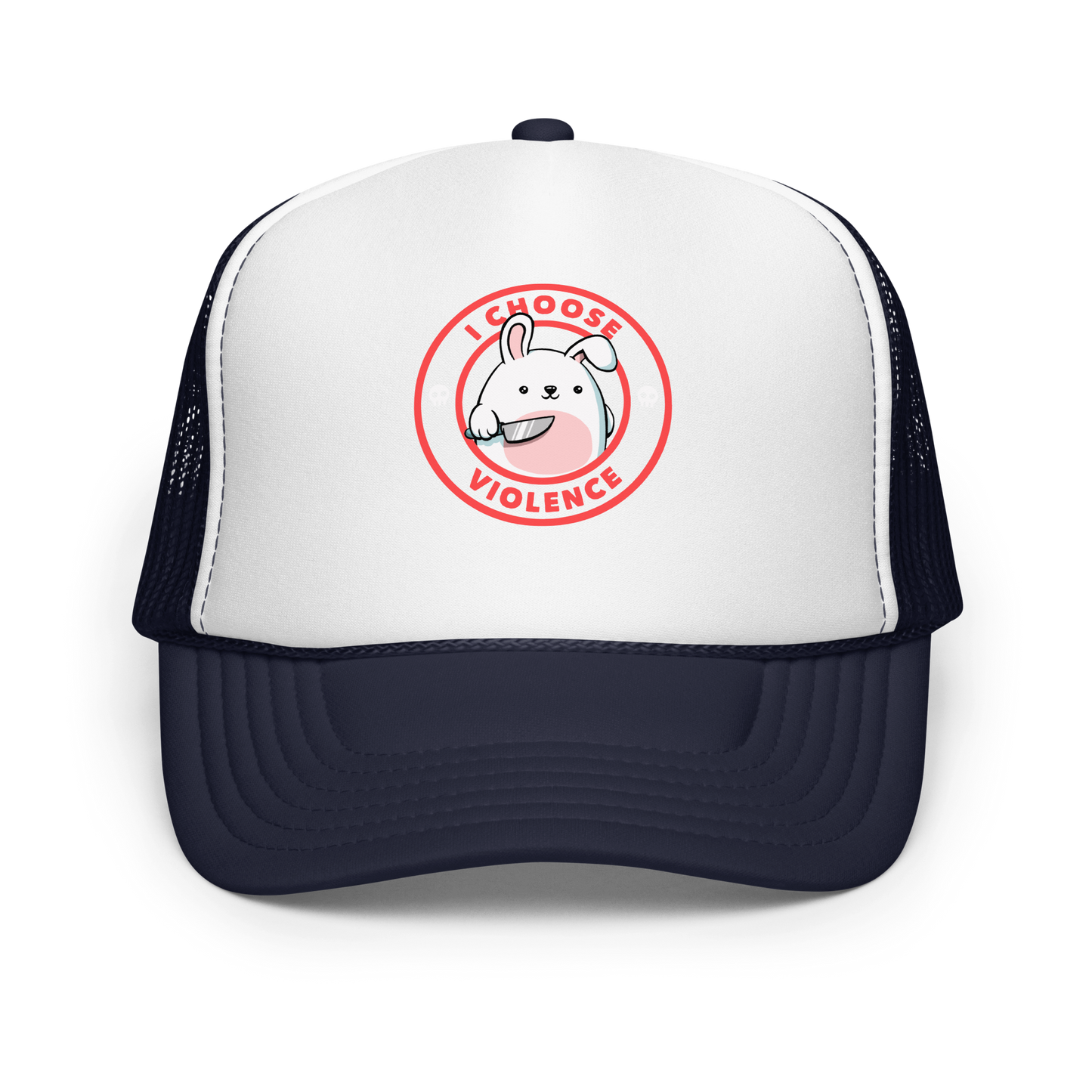 A cute white cartoon bunny with a pink belly stands holding a large kitchen knife in one paw. Surrounding the bunny is a red circular border with the words 'I CHOOSE VIOLENCE'. Small skull icons are on either side of the circle. The overall tone is a mix of adorable and ironic humor.
