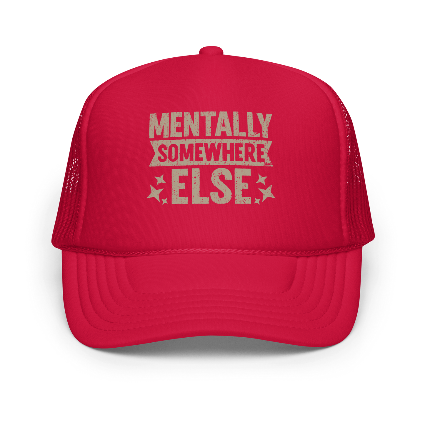 Distressed vintage-style text graphic displaying the phrase “Mentally Somewhere Else,” decorated with scattered star icons and a bold, textured font.