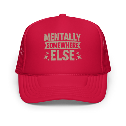 Distressed vintage-style text graphic displaying the phrase “Mentally Somewhere Else,” decorated with scattered star icons and a bold, textured font.