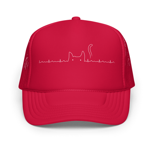 The drawing has a red background with a continuous white line depicting an electrocardiogram. Midway through, the line morphs into the minimalist outline of a cat's head with pointed ears and a tail, with two small white dots representing its eyes. The drawing creatively combines the elements of a heartbeat line and a simple cat illustration.