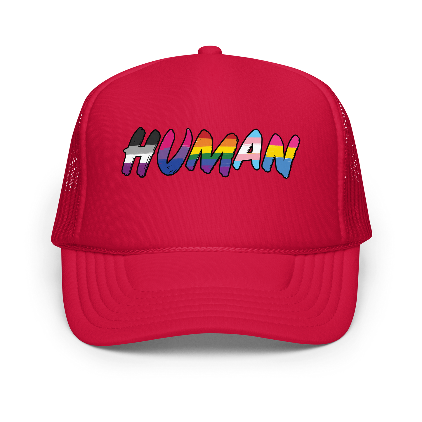 The image displays the word 'HUMAN' in bold, capitalized letters filled with colorful pride flag patterns. The colors within the letters represent different LGBTQ+ pride flags, symbolizing inclusivity and diversity. The background is solid black, which makes the colorful patterns stand out more vibrantly.