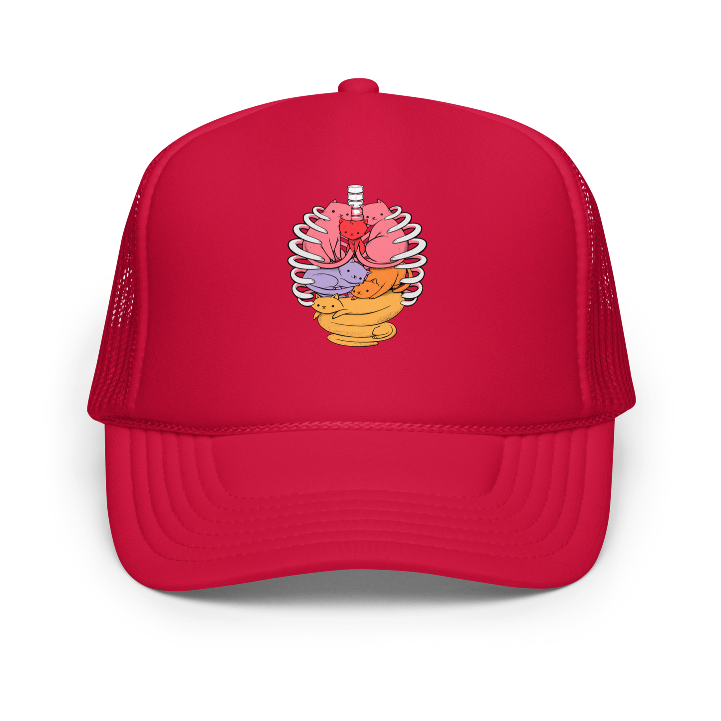 The image features a unique and colorful illustration of six whimsical cats nestled within and around a human ribcage. Each cat is a different bright color, ranging from pink and purple to orange and yellow, creating a visually appealing and vibrant composition. The use of contrasting colors and playful subject matter gives it a charming and eye-catching style.