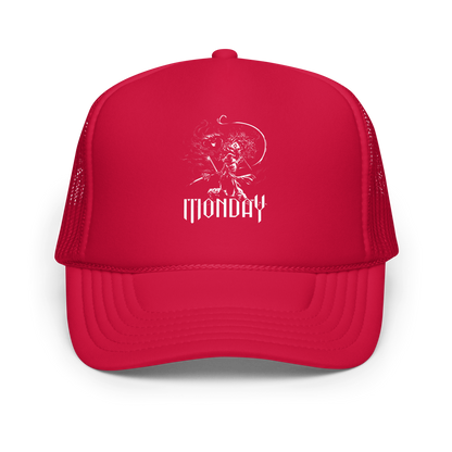 A white fantasy-style illustration showing a wizard standing on a rock, wielding a staff and sword, casting a spell toward a swirling dark, smoky monster with glowing eyes and mouth. The word “MONDAY” appears in large, bold, gothic letters at the bottom, symbolizing the wizard battling the chaos of Monday.