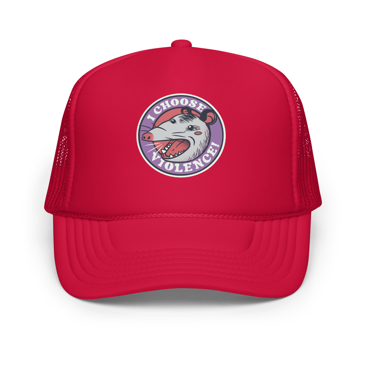 A circular design featuring an opossum with an open mouth showing sharp teeth, set against a red and purple background. Surrounding the animal, the text reads 'I Choose Violence!' in bold, white letters. The opossum has a somewhat comical yet aggressive expression. The design has an edgy, cartoon-like style, suitable for various products like t-shirts and stickers.