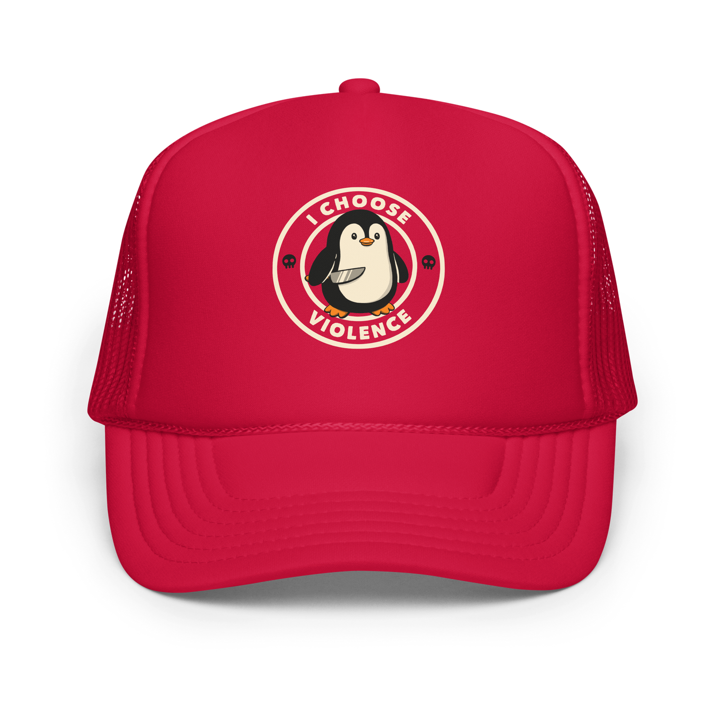 A cute cartoon penguin holding a knife stands in the center of a circular emblem. Surrounding the penguin are the words 'I CHOOSE VIOLENCE' with two small skull icons on both sides. The design is playful yet ironic, blending adorableness with a hint of dark humor.