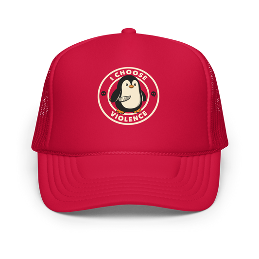 A cute cartoon penguin holding a knife stands in the center of a circular emblem. Surrounding the penguin are the words 'I CHOOSE VIOLENCE' with two small skull icons on both sides. The design is playful yet ironic, blending adorableness with a hint of dark humor.