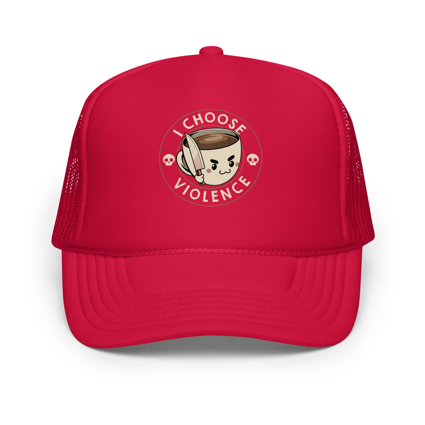 This image features a cute, cartoonish white coffee cup filled with coffee, with a determined facial expression, holding a sharp knife. The cup is framed by the circular text 'I CHOOSE VIOLENCE' in bold letters. On either side of the cup, there are small, white skull icons, adding a humorous yet dark twist to the design.