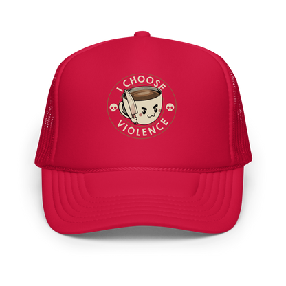 This image features a cute, cartoonish white coffee cup filled with coffee, with a determined facial expression, holding a sharp knife. The cup is framed by the circular text 'I CHOOSE VIOLENCE' in bold letters. On either side of the cup, there are small, white skull icons, adding a humorous yet dark twist to the design.