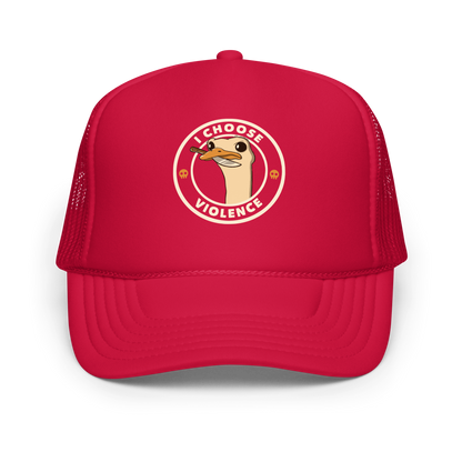 A cartoonish emu with large, expressive eyes holds a knife in its beak, suggesting a humorous and ironic menacing look. The image is framed by two circles, with the text 'I CHOOSE VIOLENCE' around the inner circle. Two small skull icons are placed on either side below the text.
