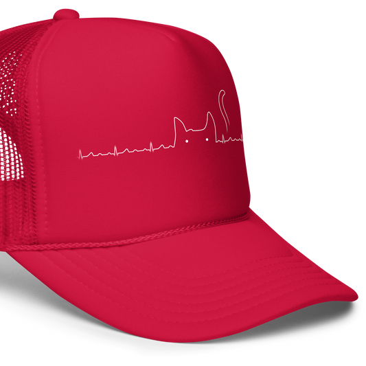 The drawing has a red background with a continuous white line depicting an electrocardiogram. Midway through, the line morphs into the minimalist outline of a cat's head with pointed ears and a tail, with two small white dots representing its eyes. The drawing creatively combines the elements of a heartbeat line and a simple cat illustration.