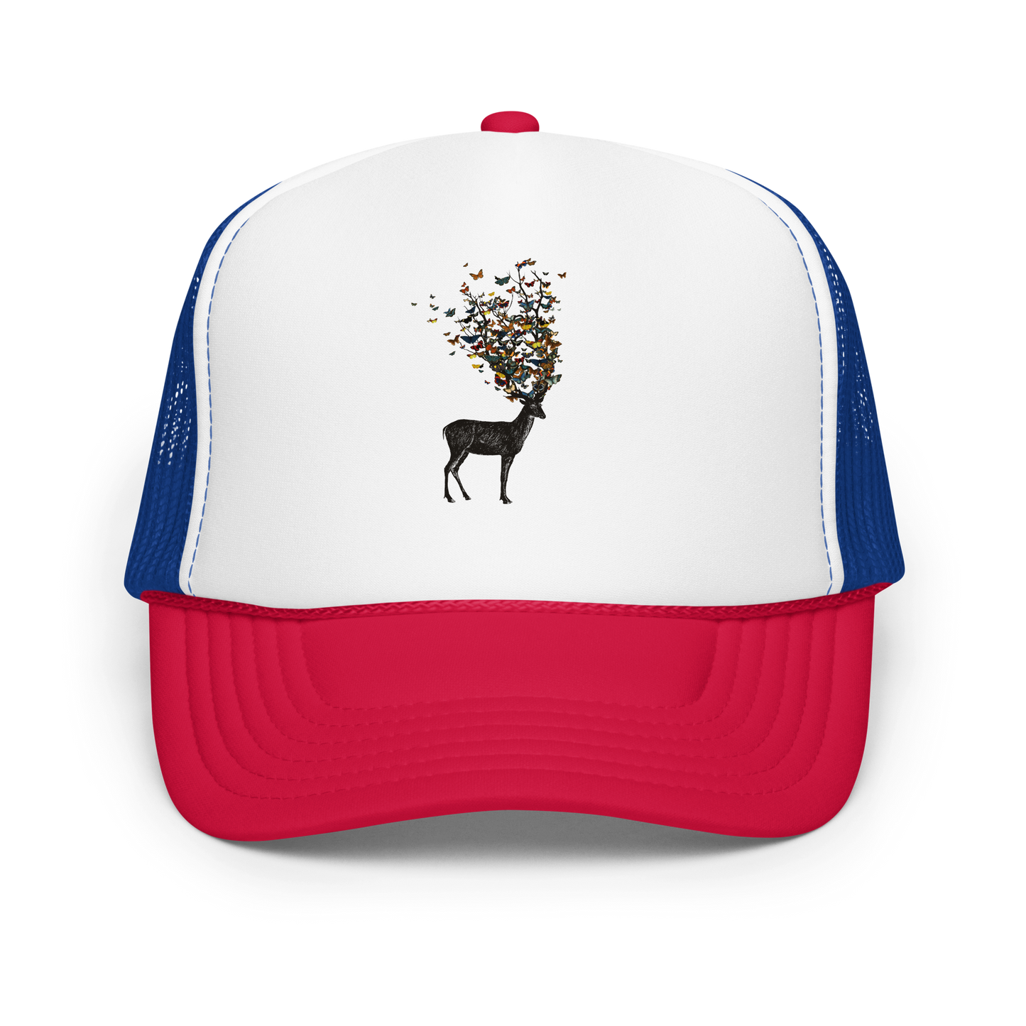 The image depicts a dark, silhouetted deer standing on a neutral background. Instead of branches, its antlers transform into a swirling cloud of vibrant, colorful butterflies that extend upwards and outward. The mix of organic and ethereal elements creates a captivating and whimsical visual contrast.