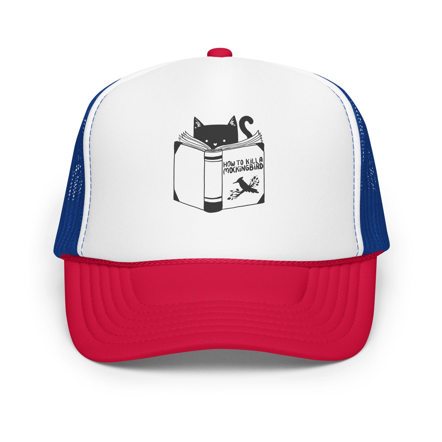 A black and white illustration features a cat peeking over an open book titled 'How to Kill a Mockingbird,' playfully altering the classic novel's title. The cat has a heart-shaped nose and simple, cute facial features. The design is whimsical and ironic, combining classic literature with a humorous twist.