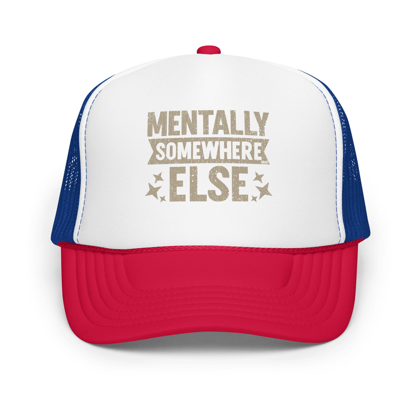 Distressed vintage-style text graphic displaying the phrase “Mentally Somewhere Else,” decorated with scattered star icons and a bold, textured font.