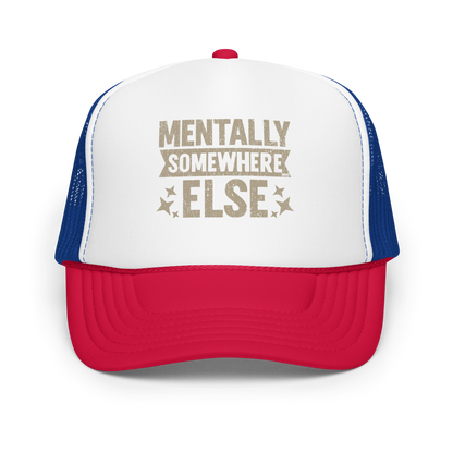 Distressed vintage-style text graphic displaying the phrase “Mentally Somewhere Else,” decorated with scattered star icons and a bold, textured font.