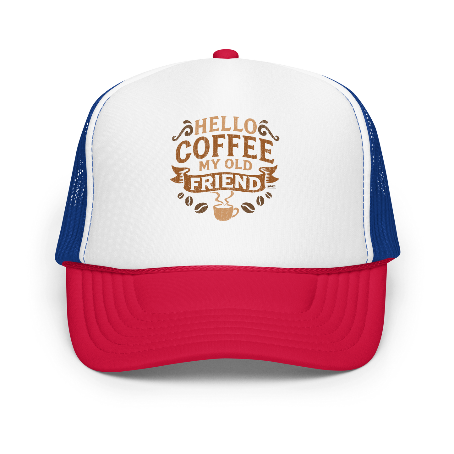 Vintage-style graphic featuring the phrase “Hello Coffee My Old Friend” in bold brown lettering, surrounded by decorative flourishes, coffee beans, and a steaming coffee cup.