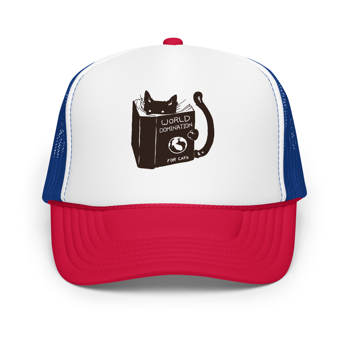 The design features a black silhouette of a cat peeking from behind an oversized book. The book's cover reads 'World Domination for Cats,' and includes a simple drawing of a globe. The cat's eyes are wide open, suggesting either surprise or intense focus on its 'world domination' plans.