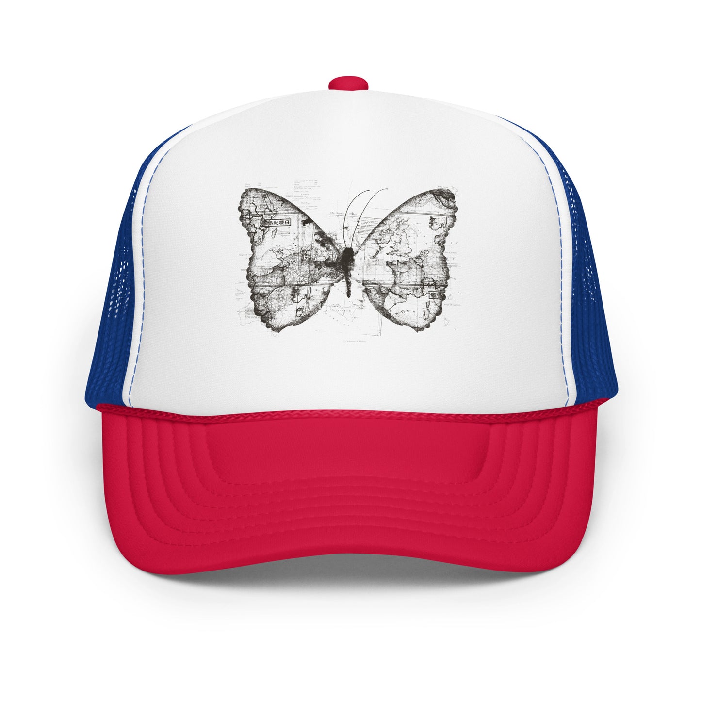 The image features a black and white butterfly where the wings are created using ancient world map designs. The maps overlay in intricate detail, blending geographical elements with the organic shape of the butterfly. Surrounding the butterfly are faint outlines of text and additional geographic features, creating a vintage and exploratory vibe.