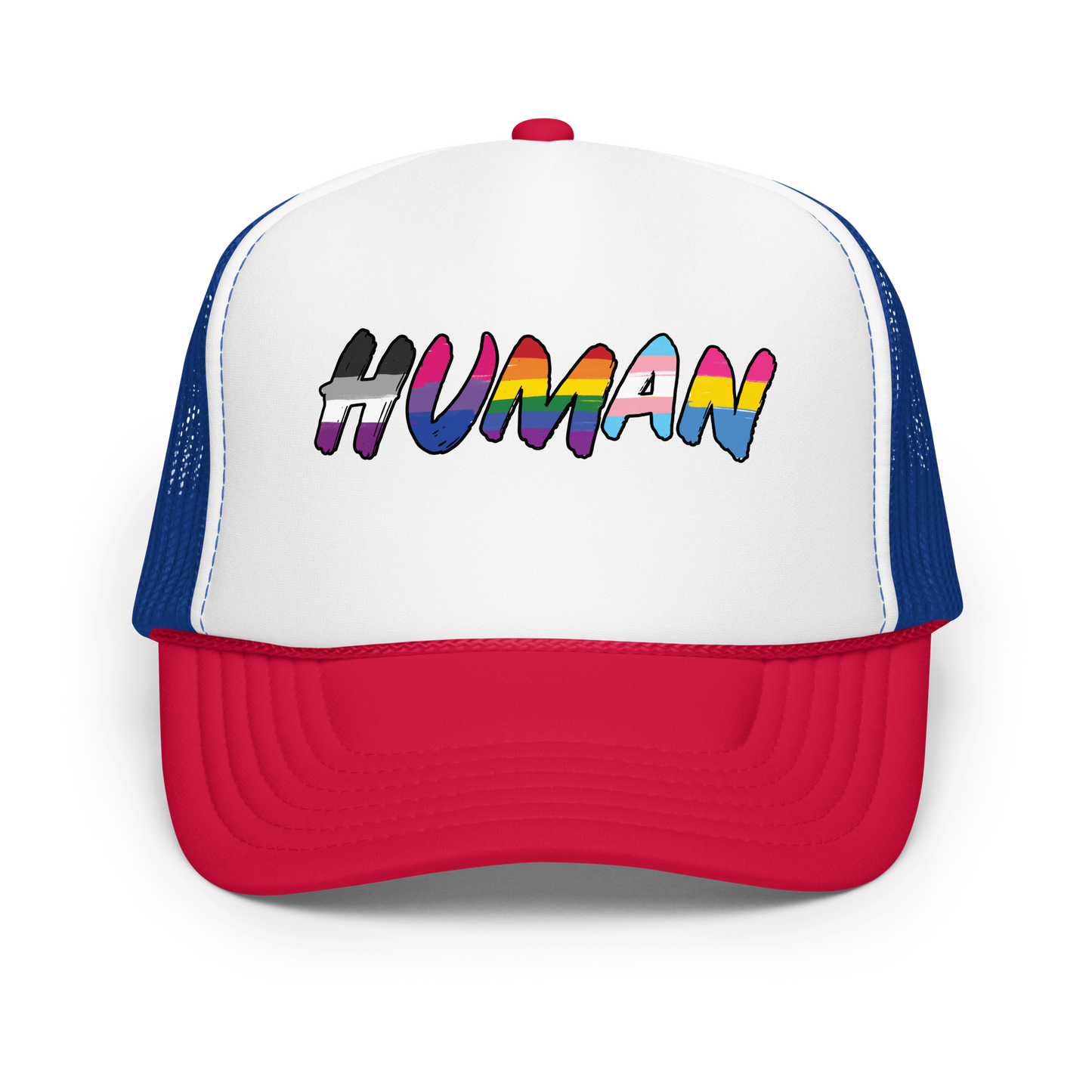 The image displays the word 'HUMAN' in bold, capitalized letters filled with colorful pride flag patterns. The colors within the letters represent different LGBTQ+ pride flags, symbolizing inclusivity and diversity. The background is solid black, which makes the colorful patterns stand out more vibrantly.
