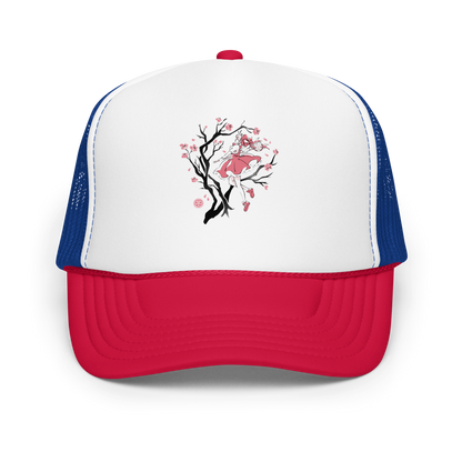 A magical girl floats gracefully among blooming sakura branches, captured in a minimalist sumi-e style. A delicate blend of Japanese tradition, anime nostalgia, and soft fantasy charm.